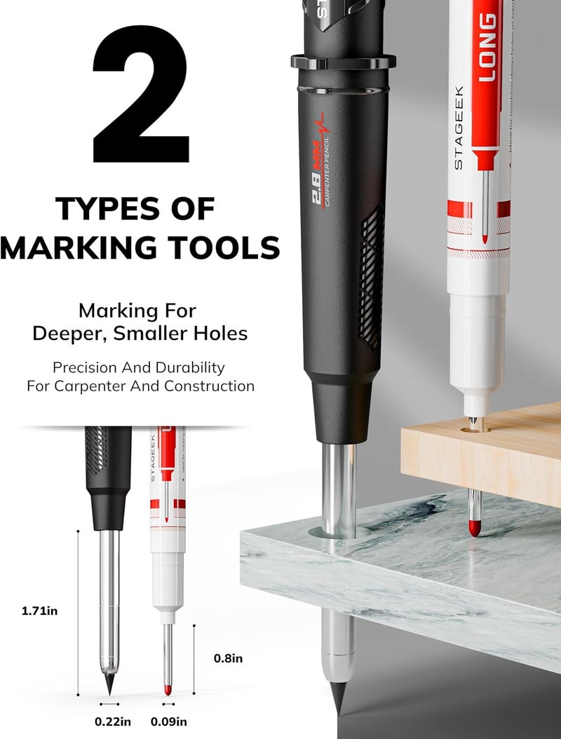STAGEEK Carpenter Pencil with Sharpener, Mechanical Carpenter Pencils with 19 Refills, construction pencil heavy duty Woodworking Tools, Deep Hole Long Nib Marker Pens for Architect Marking - Image 3